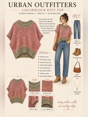 Urban Outfitters Colorblock Chunky Knit Dolman Top Pink Medium